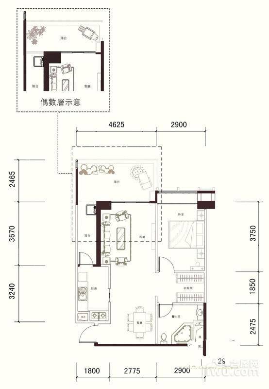 恒大都汇华庭1室1厅1卫86㎡户型图