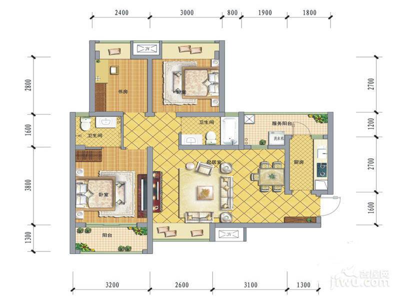 优品道上东区3室2厅2卫89㎡户型图