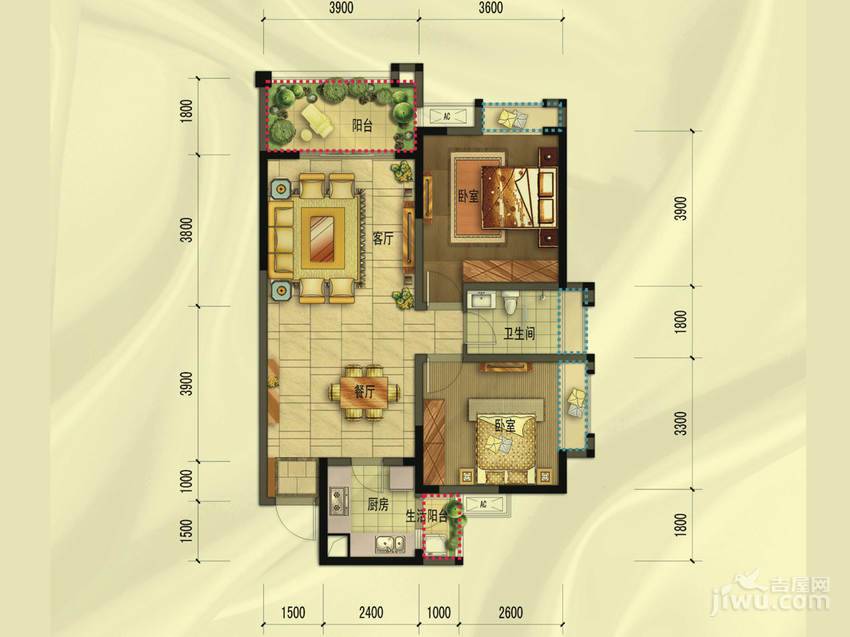 棠湖泊林城南郡2室2厅1卫98㎡户型图