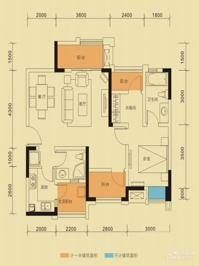 保利梧桐语3室2厅2卫89㎡户型图