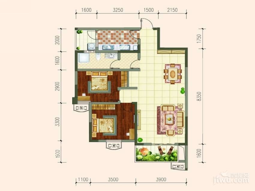 蓉城胜景2室2厅1卫90.8㎡户型图