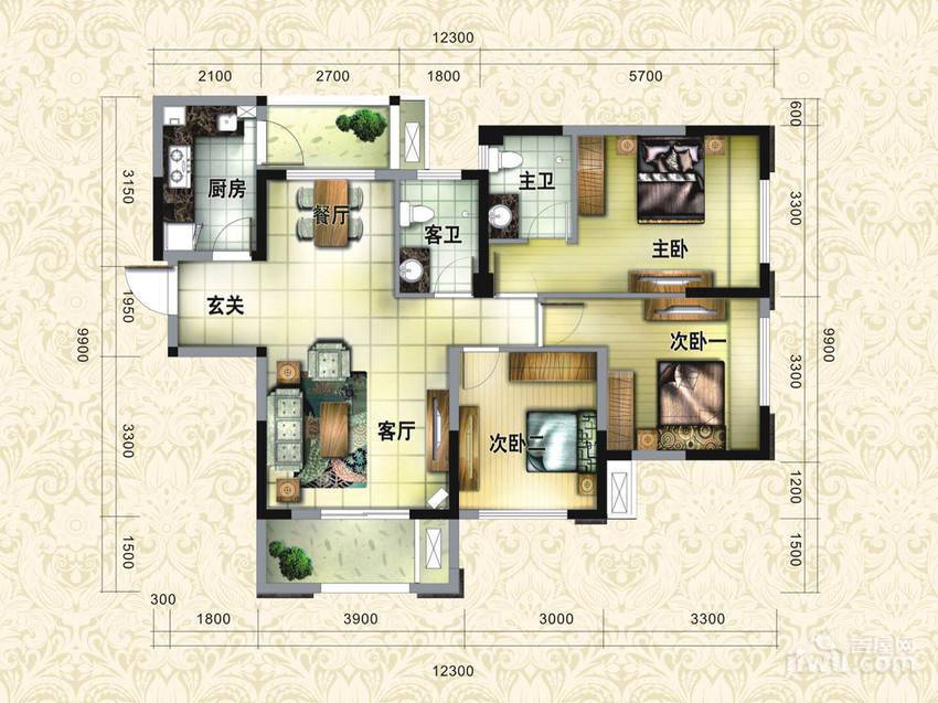 巴黎都市3室2厅1卫86㎡户型图