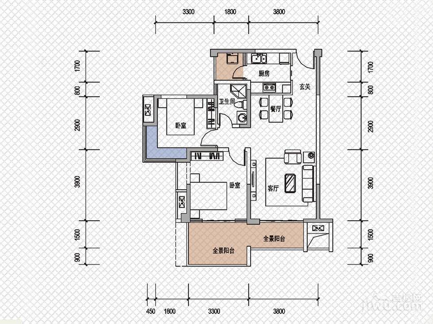 戛纳湾2室2厅1卫88㎡户型图