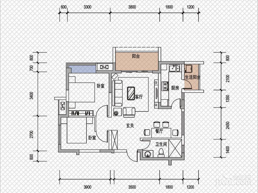 戛纳湾2室2厅1卫77㎡户型图