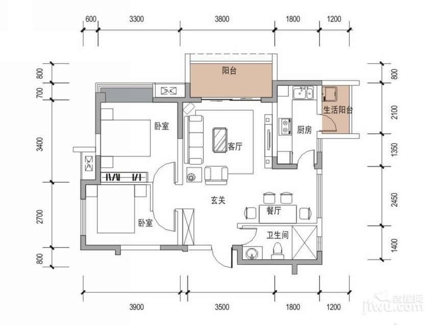 戛纳湾2室2厅1卫77㎡户型图