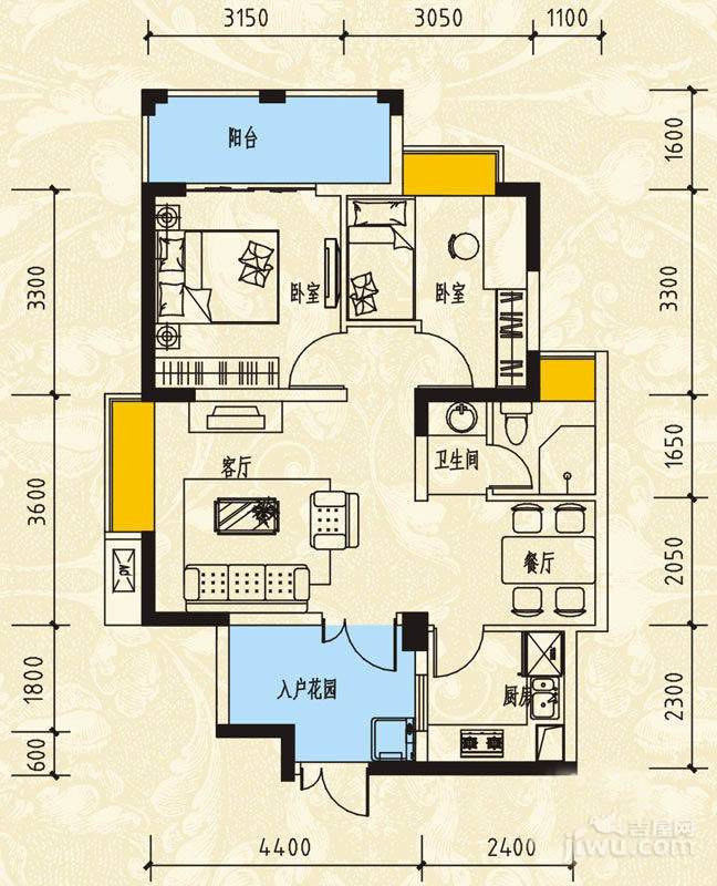 河滨鹭岛2室2厅1卫74.5㎡户型图