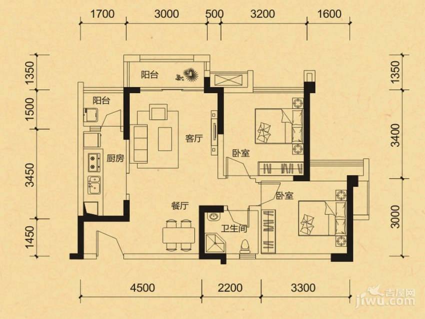 华宇天府花城2室2厅1卫70.8㎡户型图