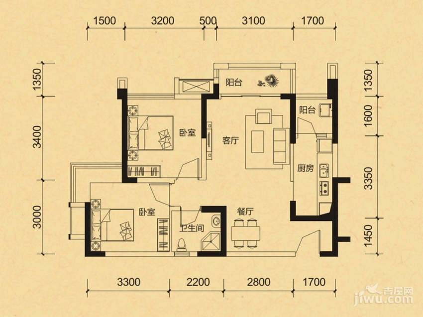 华宇天府花城2室2厅1卫71㎡户型图