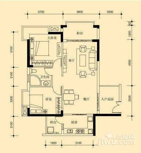 富力桃园金街2室2厅1卫90㎡户型图