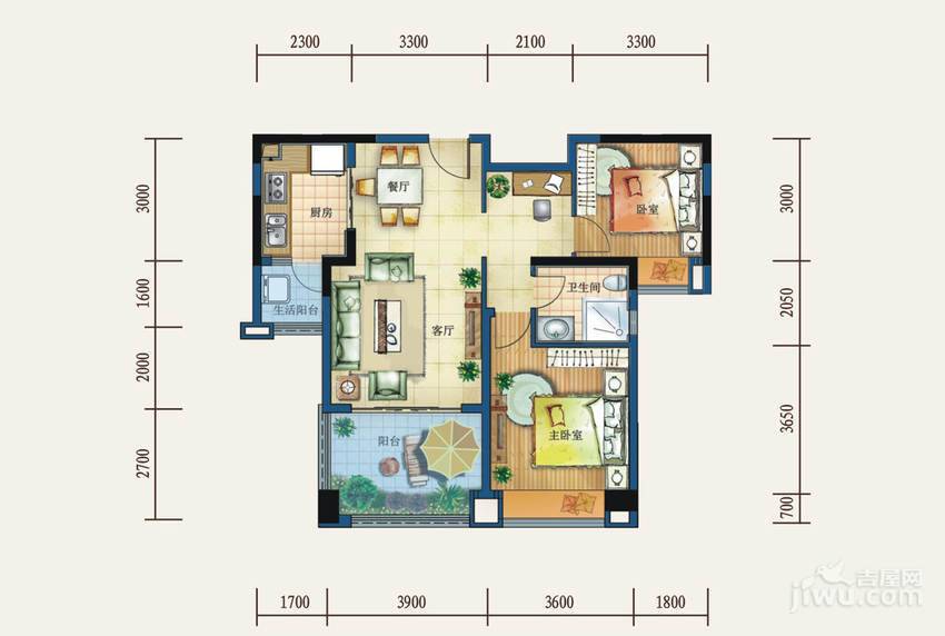 嘉楠美地2室2厅1卫87.5㎡户型图