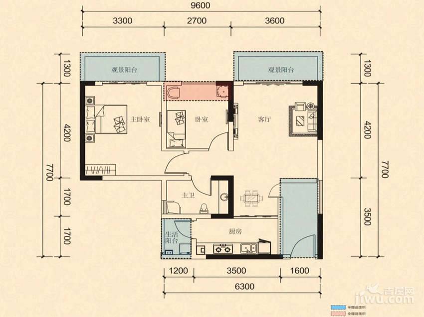 西城御景2室2厅1卫76.7㎡户型图