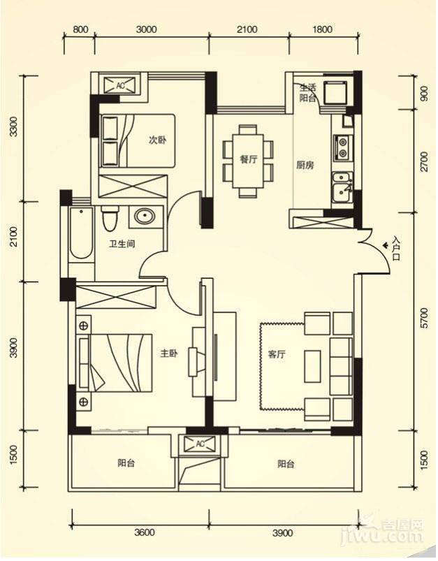 宗申赛纳维赛纳峰汇2室2厅1卫82㎡户型图