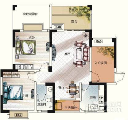 香域中央2室2厅1卫89.6㎡户型图