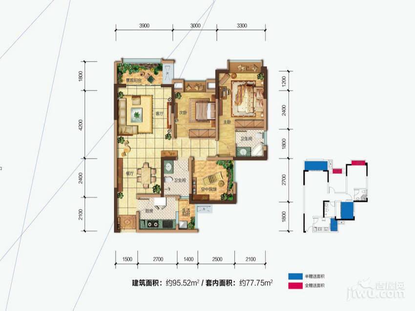 晋愉V时代2室2厅2卫77.8㎡户型图