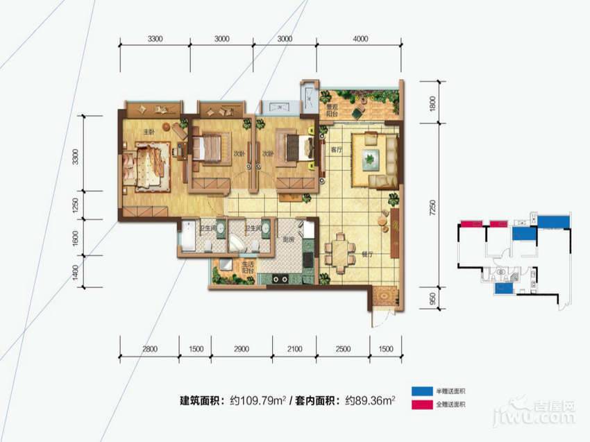 晋愉V时代2室2厅2卫89.4㎡户型图