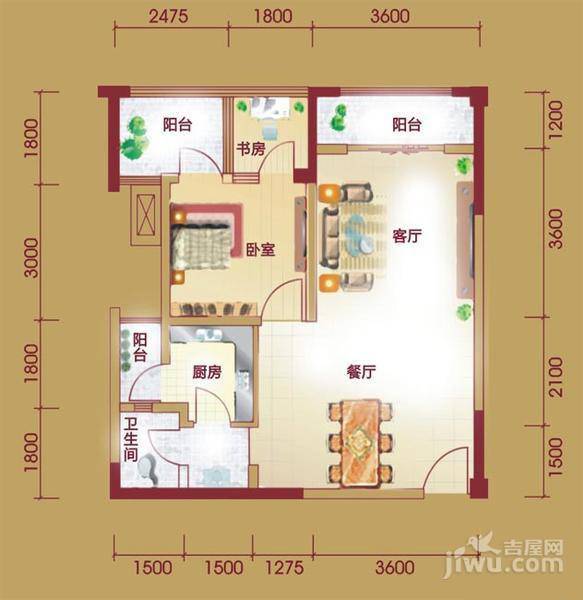 南滨国际1室2厅1卫59.6㎡户型图