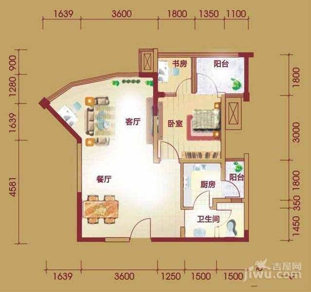 南滨国际1室2厅1卫58.6㎡户型图