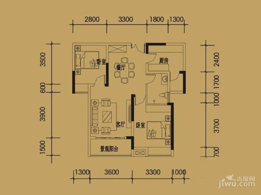 中渝滨江壹号2室2厅1卫80㎡户型图