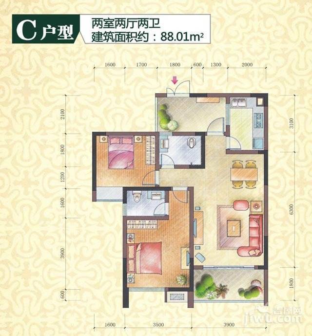 璧山雅瑞阁青山河畔2室2厅2卫88㎡户型图