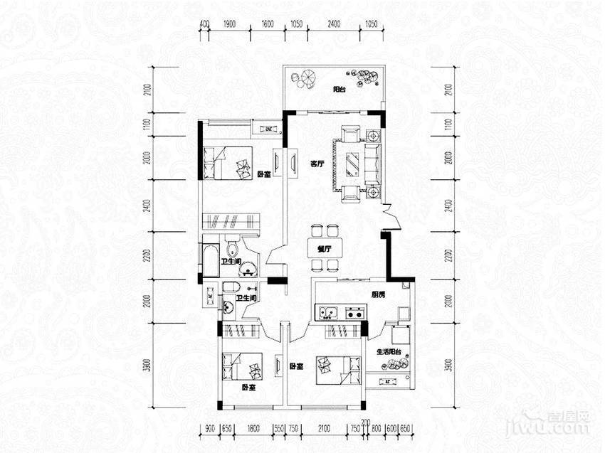 金科世界城3室2厅2卫106.9㎡户型图