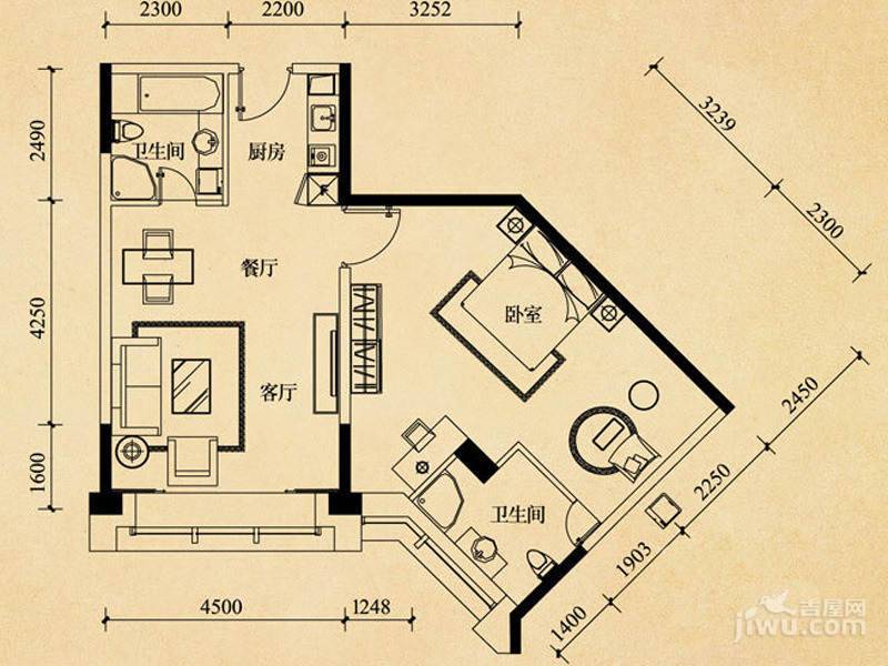 东原18911室2厅2卫72.8㎡户型图