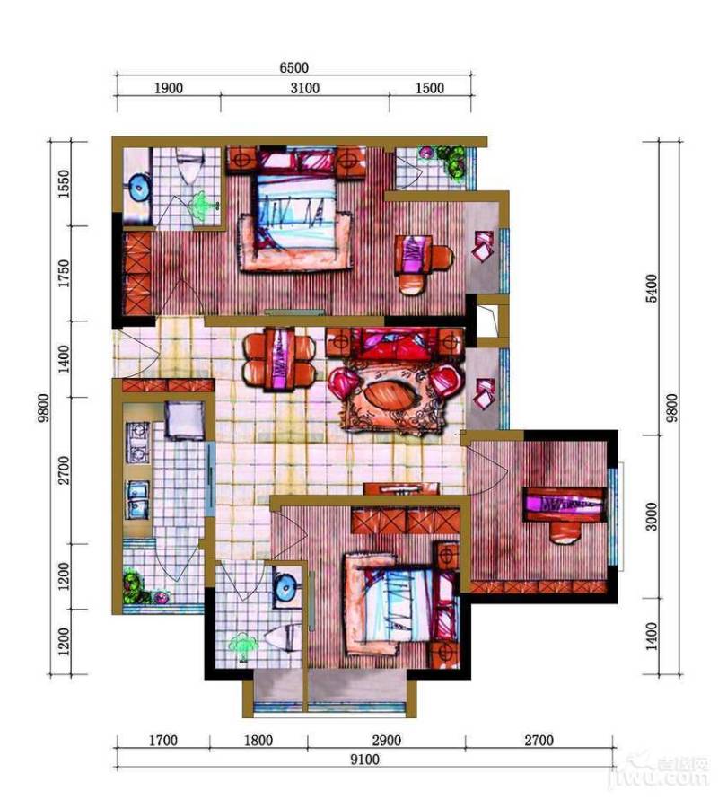 恒高月光宝盒3室1厅2卫67㎡户型图