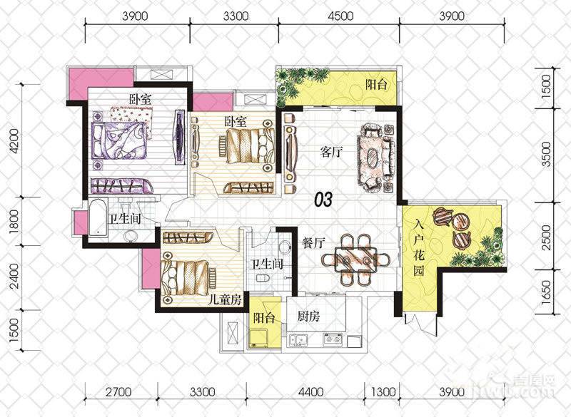 富悦果岭3室2厅2卫98.6㎡户型图