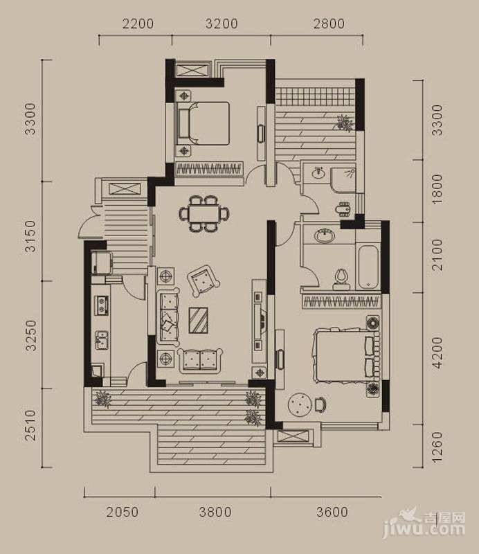 浩博方山境2室2厅2卫97㎡户型图