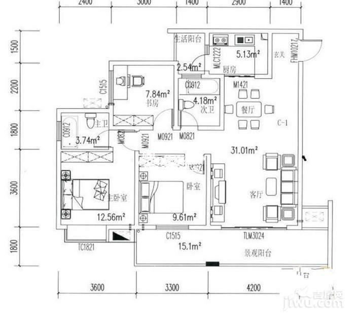 潼南龙乡苑铜新花园3室2厅2卫106.3㎡户型图