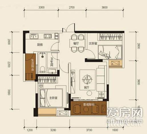 康田漫城2室2厅1卫61㎡户型图