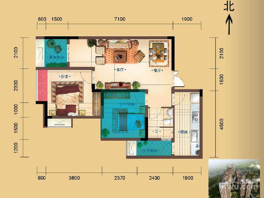 中渝梧桐公馆1室2厅1卫58㎡户型图