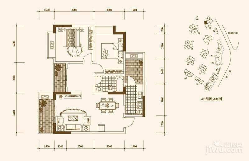 泰吉滨江二期岭澜2室2厅1卫75.4㎡户型图