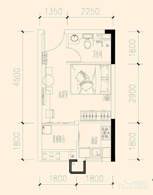 重庆国际家纺城绣色1室0厅1卫20.6㎡户型图