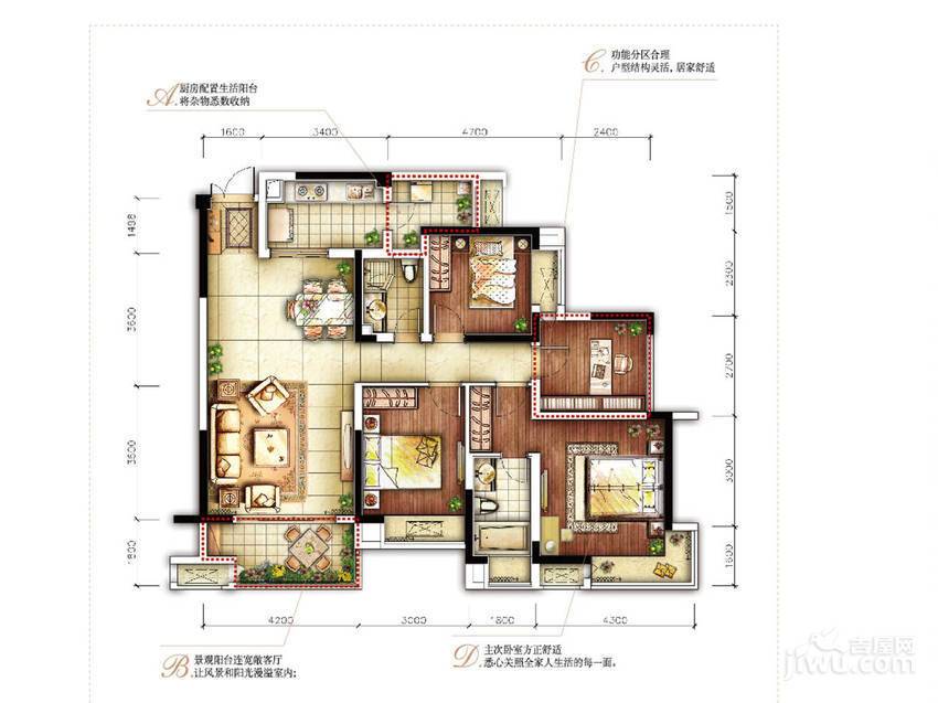 融汇温泉城锦绣里3室2厅2卫102㎡户型图