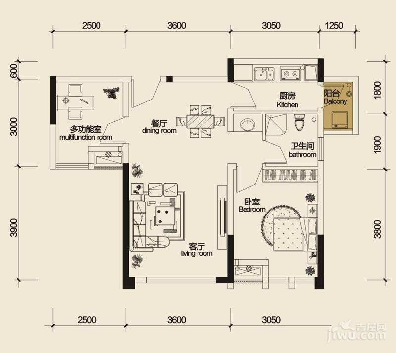 仁安龙城国际三期1室2厅1卫55.1㎡户型图