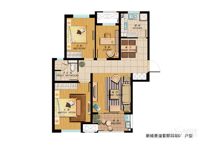 新城香溢紫郡3室2厅1卫100㎡户型图