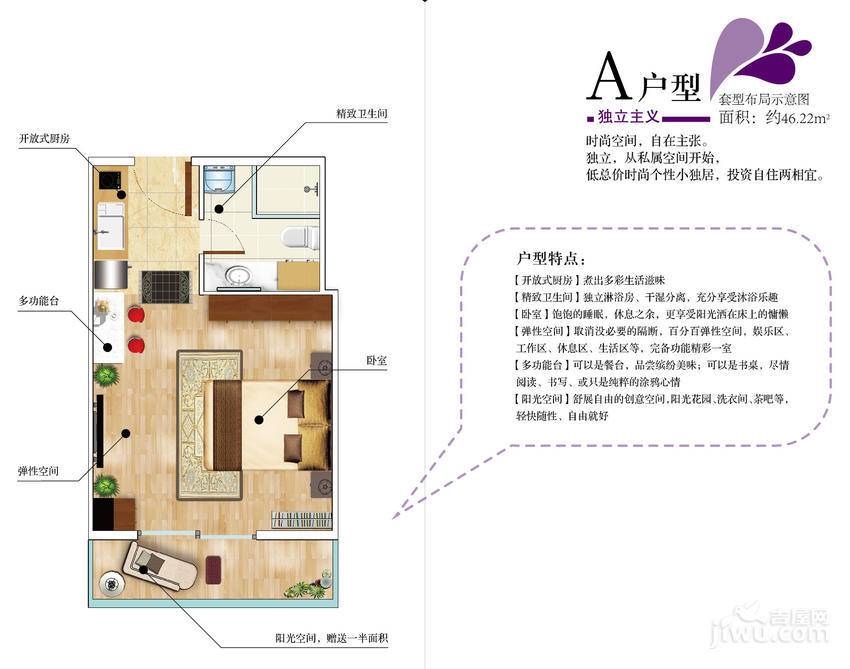 金轮新都汇1室1厅1卫46.2㎡户型图