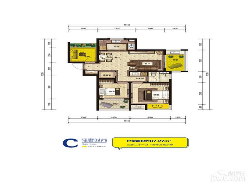 红豆香江豪庭3室2厅1卫87.3㎡户型图