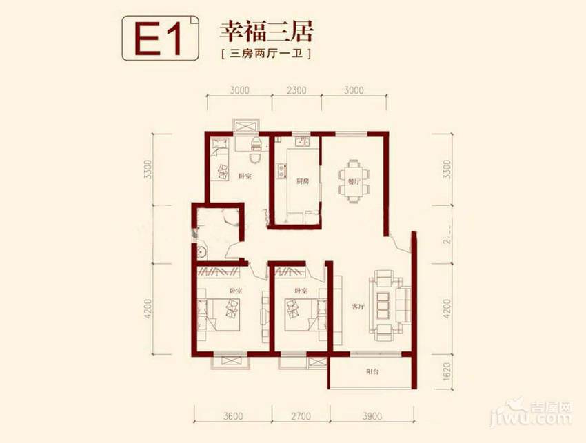 垠领城市街区3室2厅1卫110.2㎡户型图