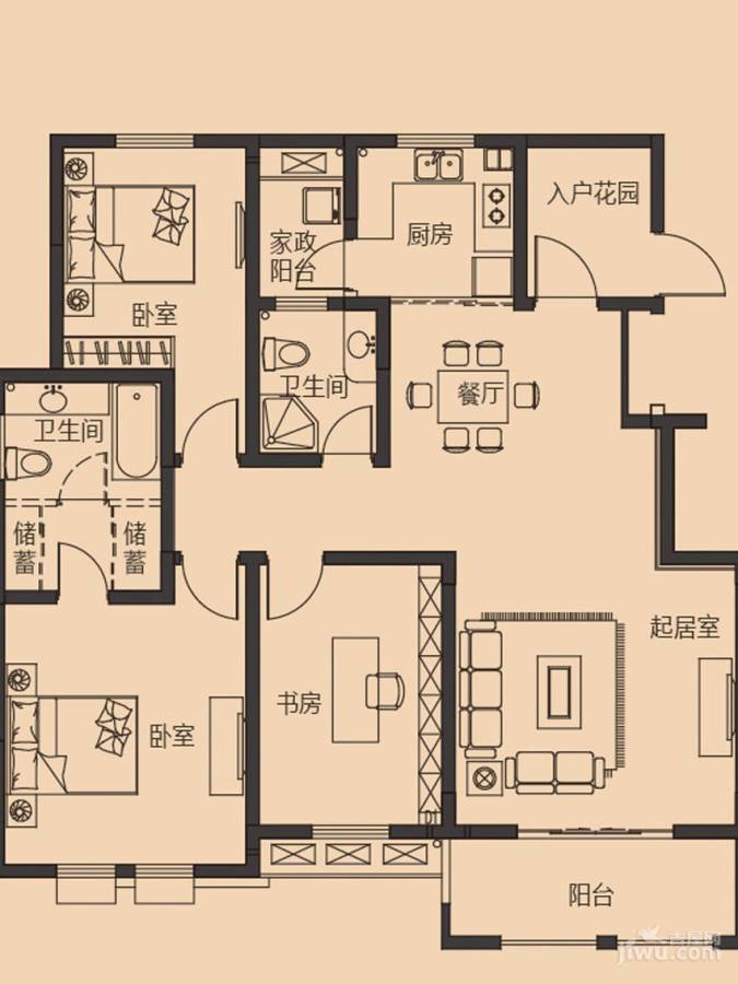 乐居雅花园3室2厅2卫131㎡户型图