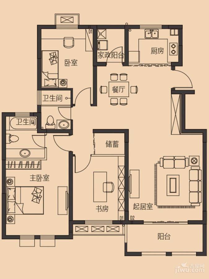 乐居雅花园3室2厅2卫118㎡户型图