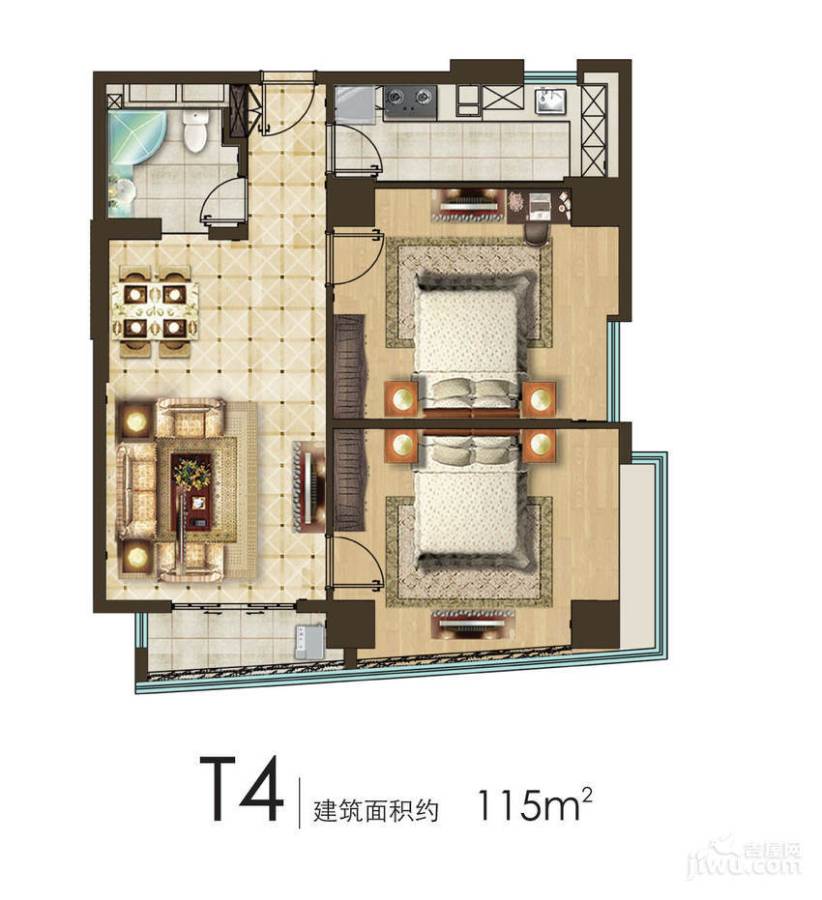 城市之光国际公寓2室2厅1卫115㎡户型图