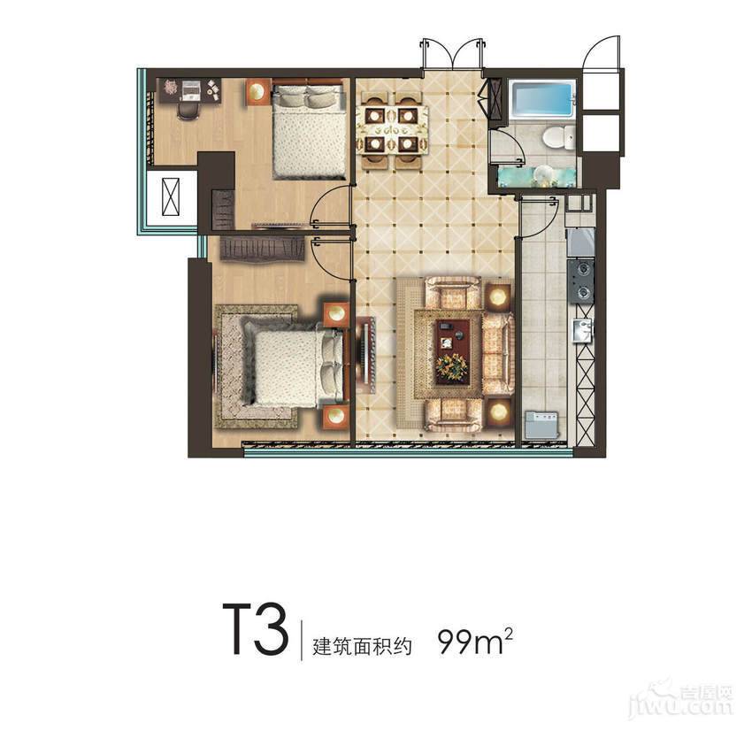 城市之光国际公寓2室2厅1卫99㎡户型图