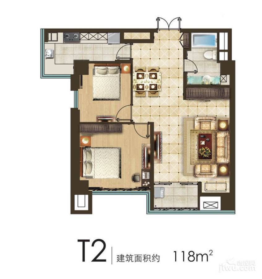 城市之光国际公寓2室2厅1卫118㎡户型图