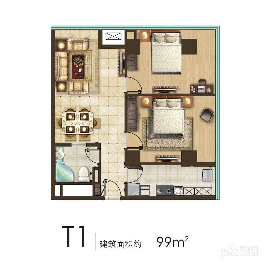 城市之光国际公寓2室2厅1卫99㎡户型图