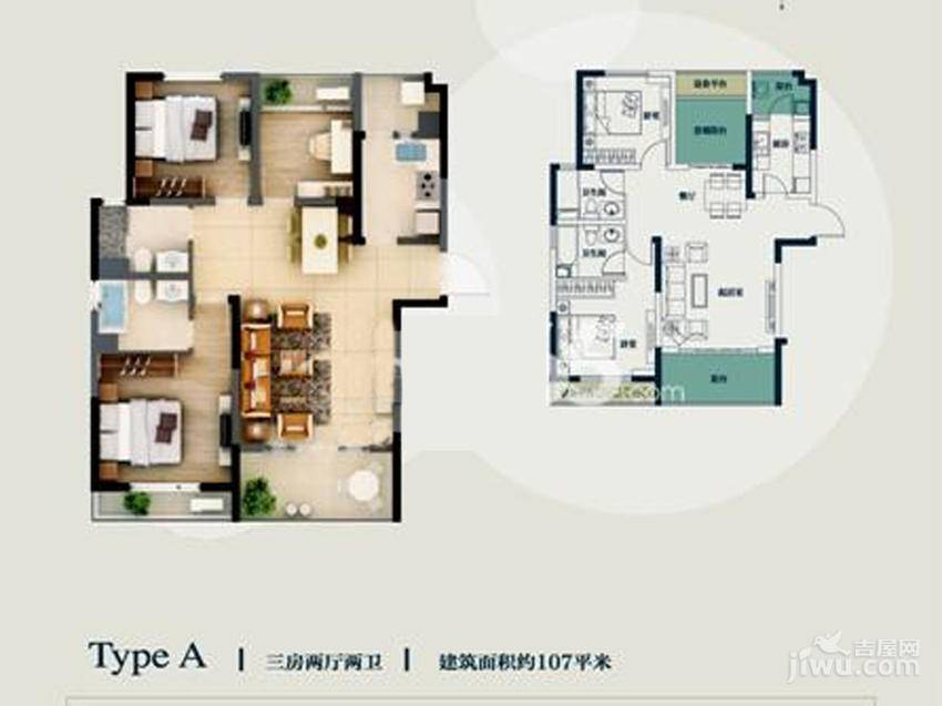 骋望七里楠花园3室2厅2卫107㎡户型图