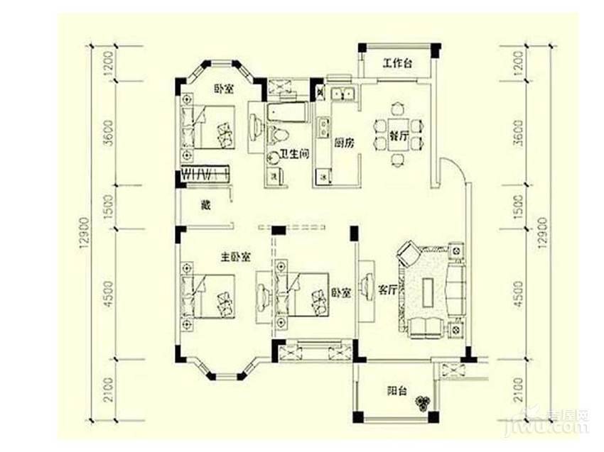 水岸新都花苑3室2厅1卫112.4㎡户型图