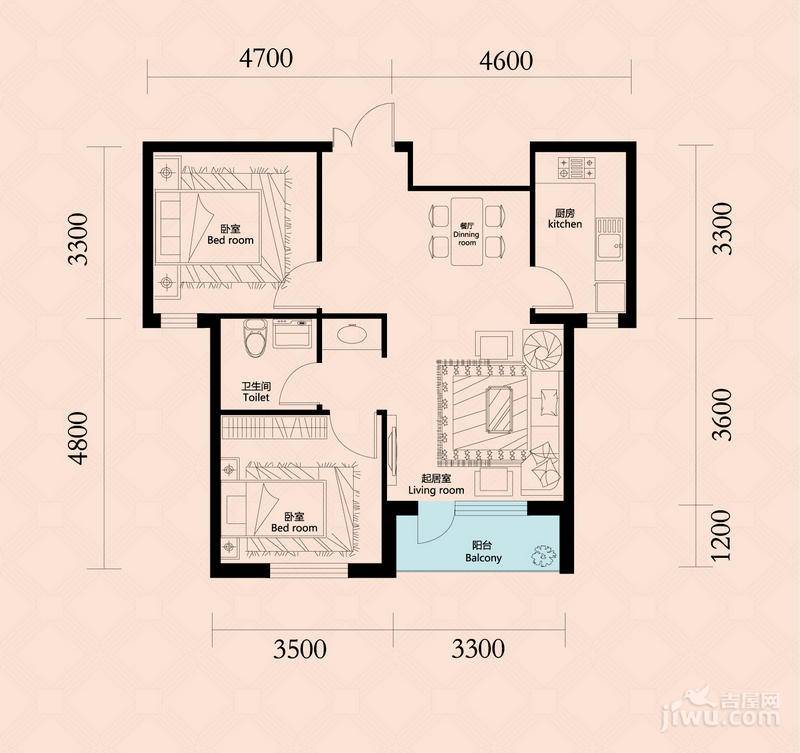 天鸿1.7英里2室2厅1卫74㎡户型图