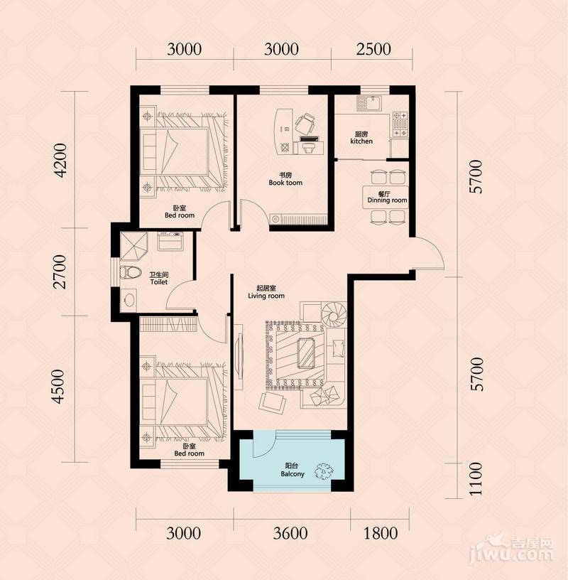 天鸿1.7英里3室2厅1卫104㎡户型图