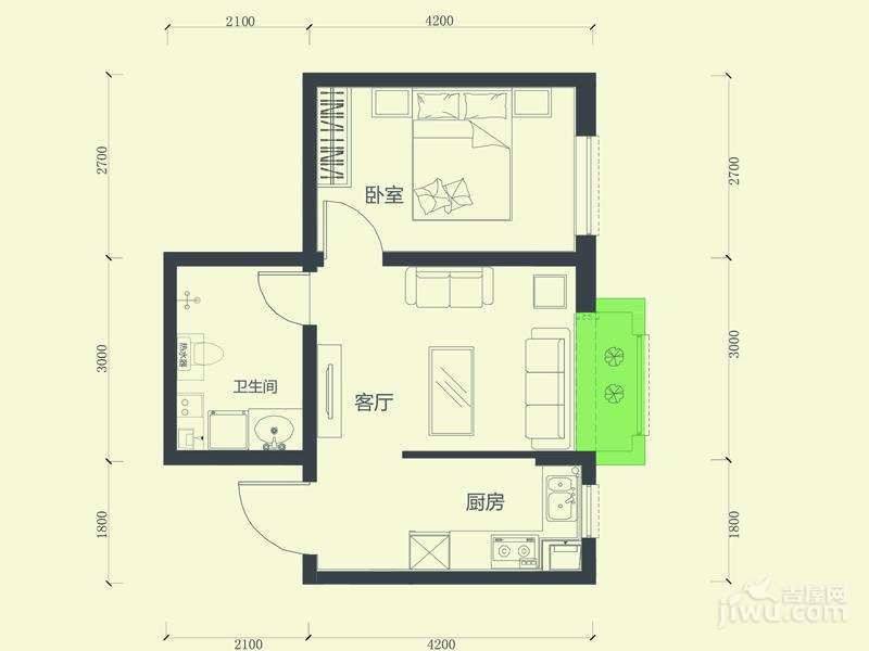 蔚蓝国际1室1厅1卫55.5㎡户型图